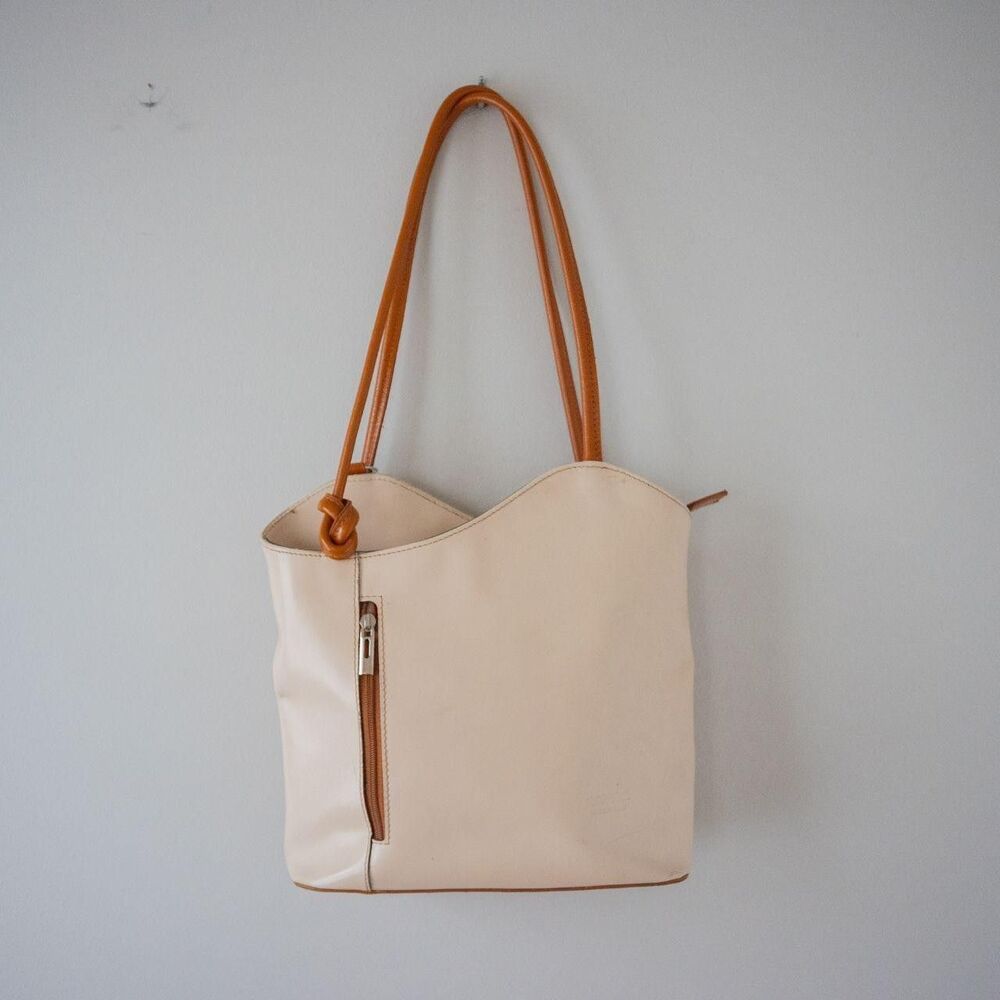 Preppy Italian Leather Cream and Brown Convertible Shoulder Bag and Backpack